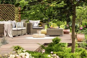 Garden furniture on wooden patio